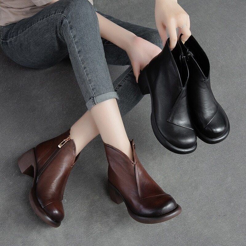 Real Leather Ankle Boots Women Shoes Autumn Winter Heel Zip Leisure Women Boots