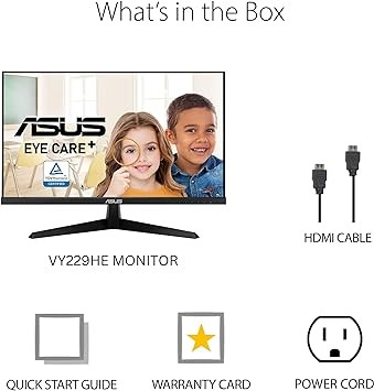 ASUS 22” (21.45” viewable) 1080P Eye Care Monitor (VY229HE) – Full HD, IPS, 75Hz, IPS, 1ms, Adaptive-Sync, Eye Care Plus Technology, Color Augmentation, Rest Reminder, HDMI, VGA, VESA Wall Mountable