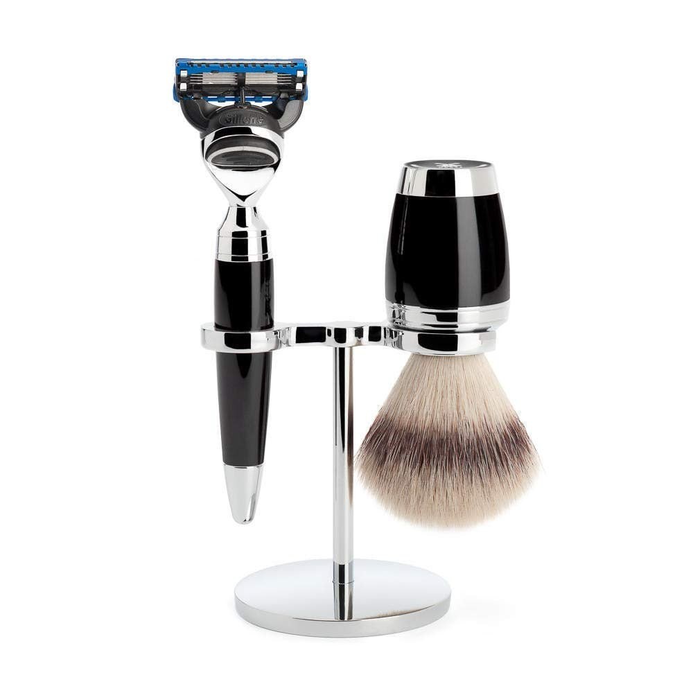 MÜHLE STYLO Black 3-piece Silvertip Fibre 5-Blade Razor Shaving Set