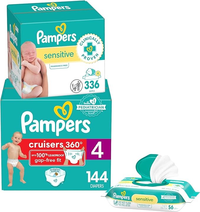Pampers Pull On Cruisers 360° Fit Disposable Baby Diapers Size 4, One Month Supply (144 Count) with Sensitive Water Based Baby Wipes 6X Pop-Top Packs (336 Count)